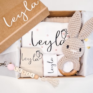 Personalized Baby Gift Set | Bodysuit + Hat + Socks with Name + Bunny Rattle | Gift for Birth, Baby Shower, Christening image 10