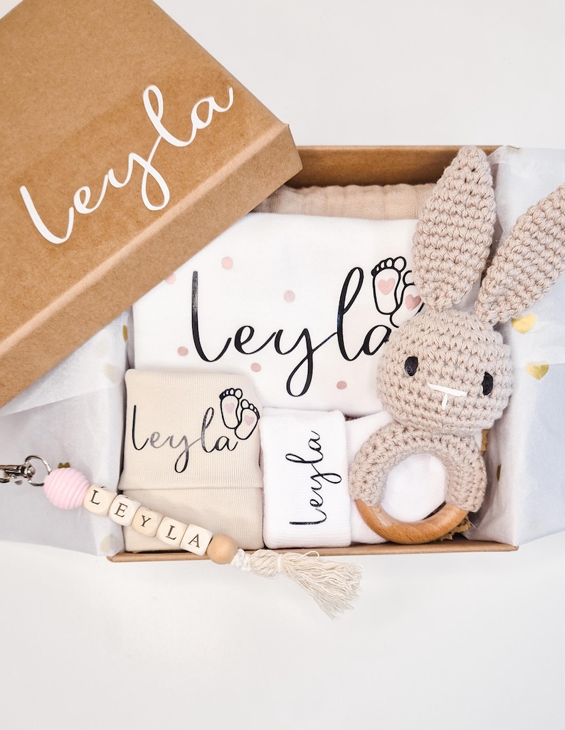 Personalized Baby Gift Set | Bodysuit + Hat + Socks with Name + Bunny Rattle | Gift for Birth, Baby Shower, Christening image 10