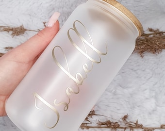 Personalized drinking glass with name | Frosted glass look | Gold, silver, or black | Bamboo lid & straw | Bachelor party