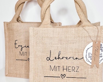 Personalized jute bag with charm – thank you gift for teachers & educators – “Teacher with a heart” tote bag, sustainable cotton