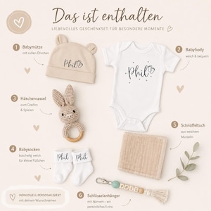 Personalized Baby Gift Set | Bodysuit + Hat + Socks with Name + Bunny Rattle | Gift for Birth, Baby Shower, Christening image 5