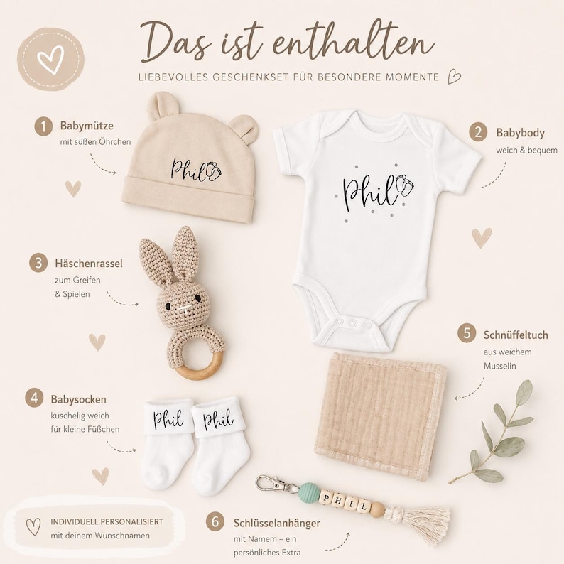 Personalized Baby Gift Set | Bodysuit + Hat + Socks with Name + Bunny Rattle | Gift for Birth, Baby Shower, Christening image 5