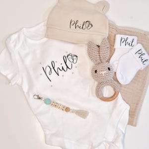 Personalized Baby Gift Set | Bodysuit + Hat + Socks with Name + Bunny Rattle | Gift for Birth, Baby Shower, Christening image 4