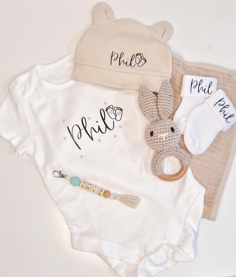 Personalized Baby Gift Set | Bodysuit + Hat + Socks with Name + Bunny Rattle | Gift for Birth, Baby Shower, Christening image 4