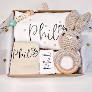 Personalized Baby Gift Set | Bodysuit + Hat + Socks with Name + Bunny Rattle | Gift for Birth, Baby Shower, Christening image 7