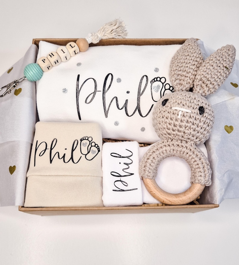 Personalized Baby Gift Set | Bodysuit + Hat + Socks with Name + Bunny Rattle | Gift for Birth, Baby Shower, Christening image 7