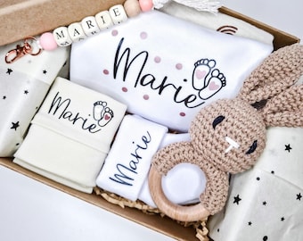 Personalized Baby Gift Set | Bodysuit + Hat + Socks with Name + Bunny Rattle | Gift for Birth, Baby Shower, Christening