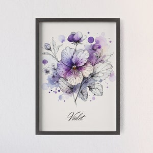 Arte de la pared de la flor del nacimiento violeta de febrero, impresión del cartel del marco de madera, regalo para el cumpleaños, vivero personalizado del jardín de la abuela