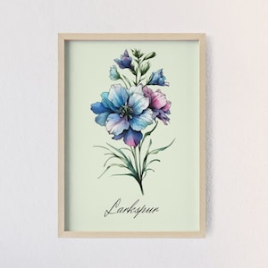Arte de la pared de la flor del nacimiento de Larkspur de julio, impresión del cartel del marco de madera, regalo para el cumpleaños, vivero personalizado del jardín de la abuela