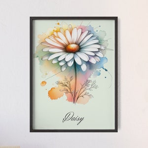 Arte de la pared de la flor del nacimiento de la margarita de abril, impresión del cartel del marco de madera, regalo para el cumpleaños, guardería personalizada del jardín de la abuela