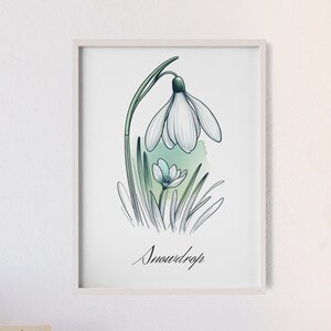 Arte de la pared de la flor del nacimiento de la campanilla de invierno de enero, impresión del cartel del marco de madera, regalo para el cumpleaños, vivero personalizado del jardín de la abuela