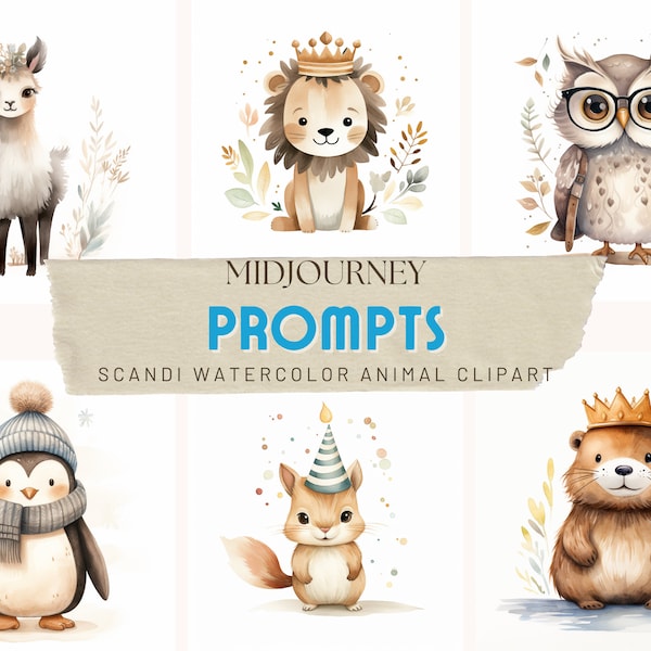 Cute animal clipart Midjourney Prompts, Nursery animals clipart, Scandinavian animals prompts, Instant download, Whimsical Animal Clipart