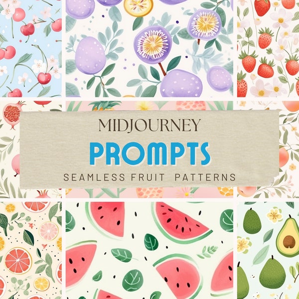 Midjourney solicita patrones de frutas sin costuras, indicaciones de patrones de IA, bayas y frutas, guía de mitad de viaje, papel digital