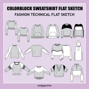May include: A set of 12 color block sweatshirt flat sketches for fashion design. The sketches show different styles and color combinations for sweatshirts, including cropped, hooded, and long-sleeved options.