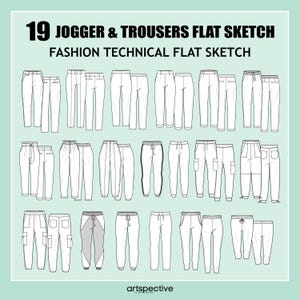 Womens 19 pcs. Joggers & Trousers Fashion Flat Sketch - Fashion Vector Sketch - Technical Fashion Sketch - Womenswear Trousers Sketch
