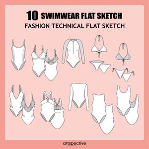 Pode incluir: Um conjunto de 10 esboços planos técnicos de designs de roupas de banho. Os esboços são em preto e branco e mostram diferentes estilos de roupas de banho, incluindo macacões, biquínis e tankinis. Os esboços são rotulados como "10 Swimwear Flat Sketch Fashion Technical Flat Sketch".