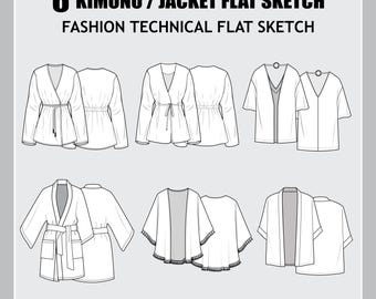 Dames 6 stuks Kimono/jas Fashion Flat Sketch - Fashion Vector Sketch - Technical Fashion Sketch - Womenswear Jacket Sketch