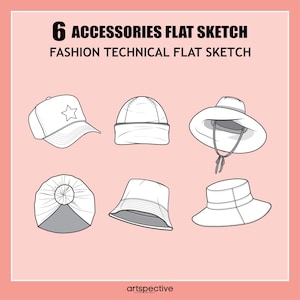 Puede incluir: Ilustraciones de línea de seis tipos diferentes de sombreros, incluyendo una gorra de béisbol, un gorro, un sombrero de sol, un turbante, un sombrero de pescador y un sombrero de ala ancha. Las ilustraciones están en blanco y negro y se encuentran sobre un fondo rosa.