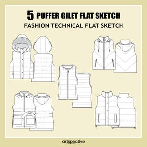 Unisex 5-tlg. Kugelfische Gilet Mode Flache Skizze - Mode- Vektor-Skizze - Technische Mode-Skizze - Unisex Gilet-Skizze