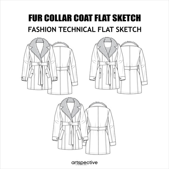 Womens 6 Pcs.fur Collar Coat Fashion Flat Sketch - Fashion Vector