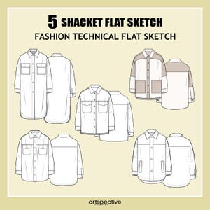 Unisex 5 pcs. Oversized Shacket Fashion Flat Sketch - Fashion Vector Sketch - Technical Fashion Sketch - Unisex Shacket Sketch