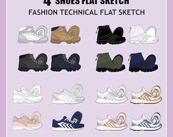 Unisex 4 pcs. Shoes Fashion Flat Sketch - Fashion Vector Sketch - Technical Fashion Sketch - Unisex Shoes Sketch