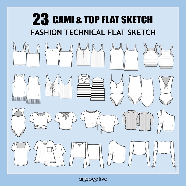 Womens 23 Pcs. Cami / Tops Fashion Flat Sketch - Fashion Vector Sketch ...