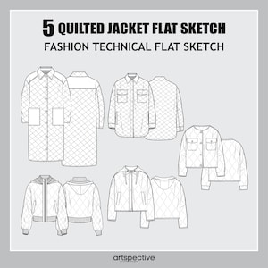 Womens 5 pcs. Quilted Jacket Fashion Flat Sketch - Fashion Vector Sketch - Technical Fashion Sketch - Womenswear Jacket Sketch