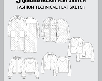 Dames 5 stuks Gewatteerde jas Fashion Flat Sketch - Fashion Vector Sketch - Technical Fashion Sketch - Dameskleding Jacket Sketch