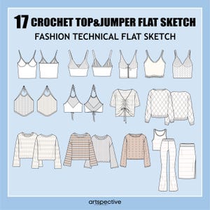 Puede incluir: 17 bocetos planos de tops y jerséis de ganchillo para el diseño de moda. Los bocetos muestran diferentes estilos de tops y jerséis, incluyendo tops halter, tops de tirantes y jerséis. Los bocetos están en blanco y negro y están dibujados sobre un fondo azul claro.