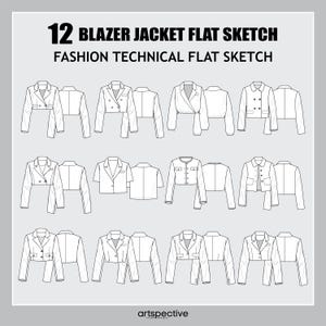 レディース 12点 クロップブレザージャケット ファッションフラットスケッチ - ファッションベクタースケッチ - テクニカルファッションスケッチ - レディースウェア仕立てスケッチ