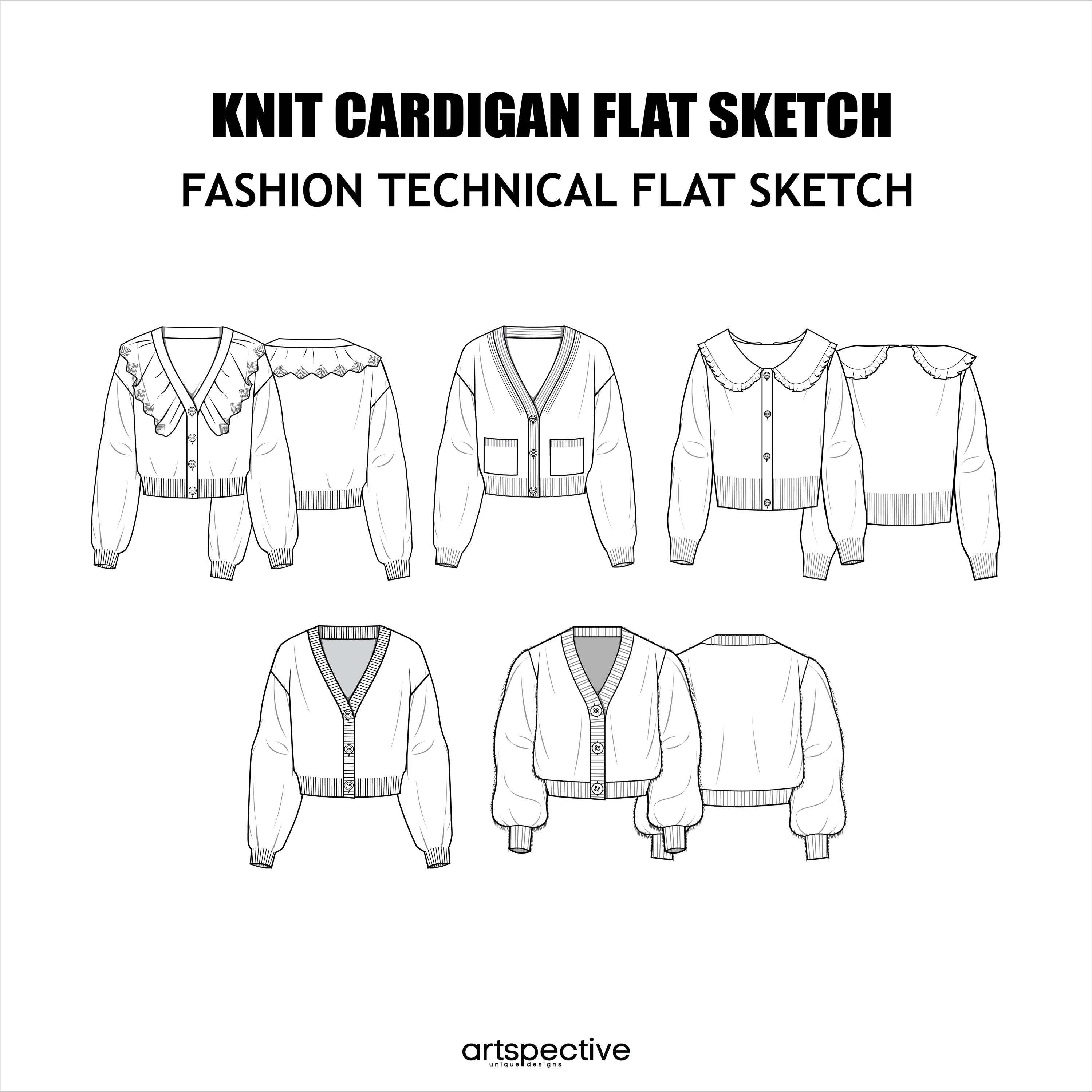 Womens 17 Pcs Knit Cardigan Fashion Flat Sketch - Fashion Vector