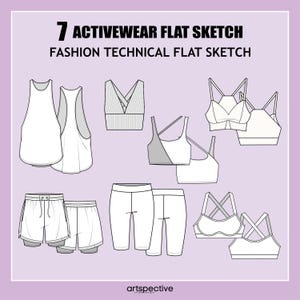 Womens 7 pcs Activewear Fashion Flat Sketch - Fashion Vector Sketch - Technical Fashion Sketch - Womenswear Activewear Sketch