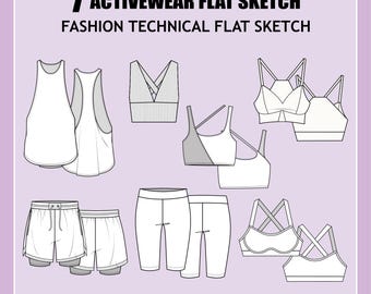 Boceto plano de moda de ropa deportiva para mujer de 7 piezas - Boceto vectorial de moda - Boceto técnico de moda - Boceto de ropa deportiva para mujer