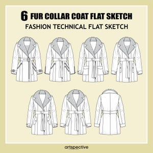 Womens 6 pcs.Fur Collar Coat Fashion Flat Sketch - Fashion Vector Sketch - Technical Fashion Sketch - Womenswear Coat Sketch