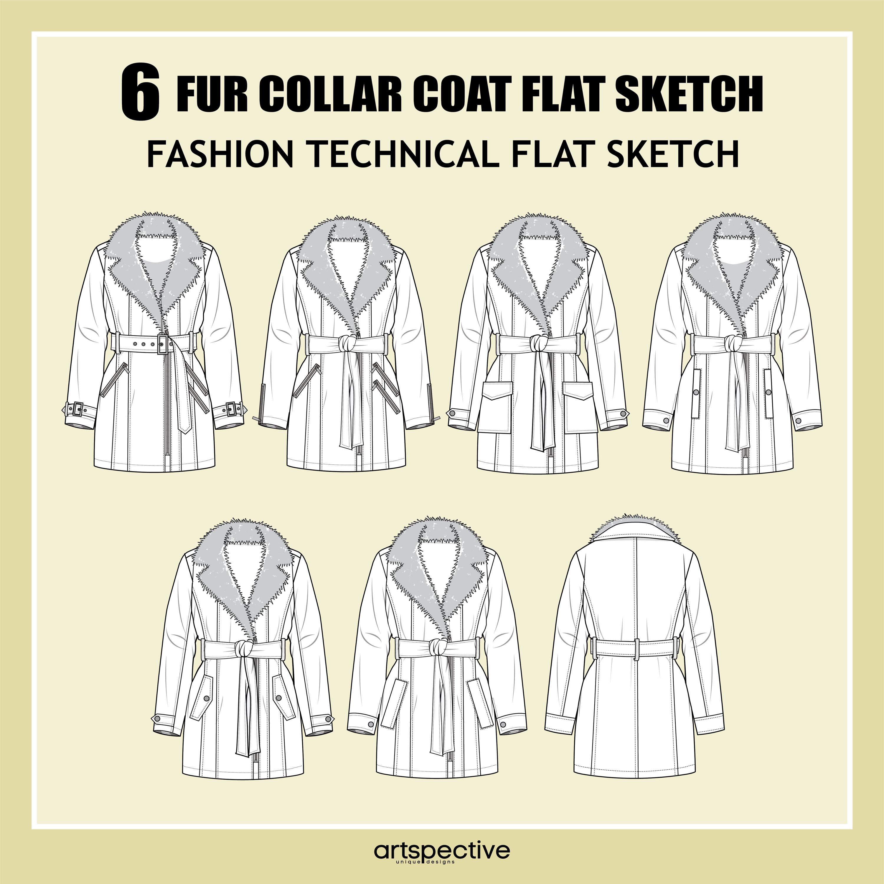 Womens 6 Pcs.fur Collar Coat Fashion Flat Sketch - Fashion Vector
