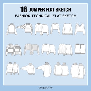 Peut inclure: Un ensemble de 16 croquis techniques plats de différents styles de pulls. Les croquis sont en noir et blanc et montrent les vues avant et arrière de chaque pull.