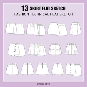 Peut inclure: Un croquis technique de mode présentant 13 modèles de jupes. Les jupes sont de différents styles, notamment trapèze, portefeuille et boutonnées. L'image contient le texte "13 SKIRT FLAT SKETCH" et "FASHION TECHNICAL FLAT SKETCH".