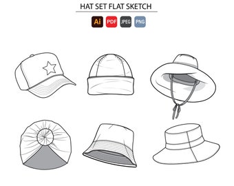 Accessory- Hat Set, vector CAD, technical drawing, digital download, fashion flat sketch for Adobe Illustrator