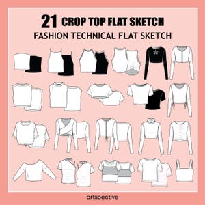 May include: 21 crop top flat sketches for fashion design. The sketches are in black and white and show different styles of crop tops, including tank tops, t-shirts, and long-sleeved shirts.