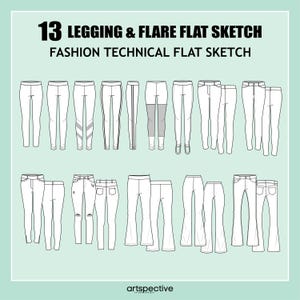 Womens 13 pcs. Legging & Flare Trousers Fashion Flat Sketch - Fashion Vector Sketch - Technical Fashion Sketch - Womenswear Trousers Sketch