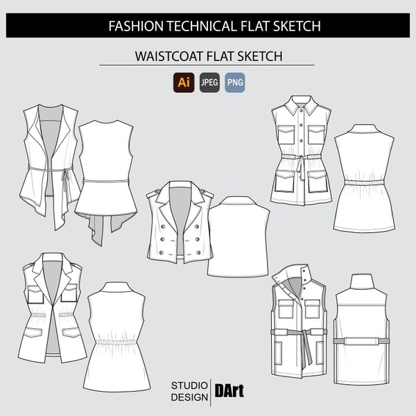 Womens Waistcoat Fashion Flat Sketch - Fashion Vector Sketch - Technical Fashion Sketch - Womenswear Waistcoat Sketch