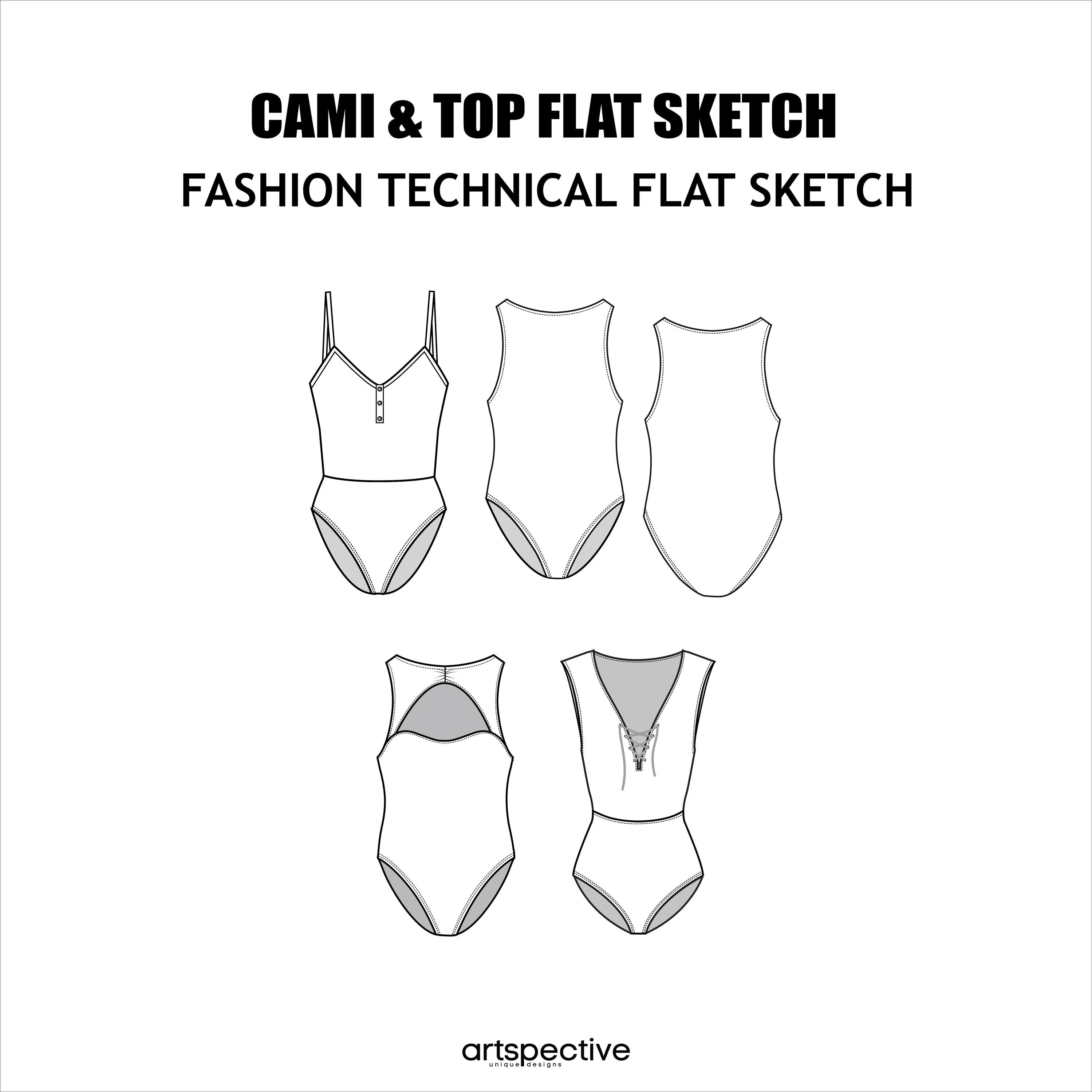Womens 23 Pcs. Cami / Tops Fashion Flat Sketch - Fashion Vector Sketch ...
