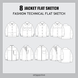Schizzo piatto di moda per giacca oversize unisex da 8 pezzi - Schizzo vettoriale di moda - Schizzo tecnico di moda - Schizzo di giacca unisex