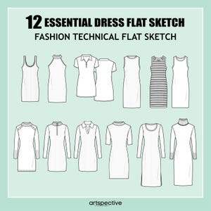 Peut inclure: 12 Croquis de Robe Essentiels Dessin Plat Technique de Mode. Un ensemble de 12 croquis plats techniques de différents styles de robes, y compris sans manches, à manches courtes, à manches longues et à col roulé.