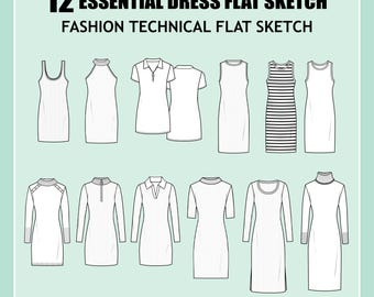 bodycon dress technical drawing Round neck crew neck long sleeve long maxi midi bodycon dress template technical drawing flat sketch