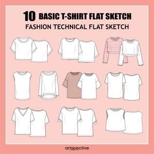May include: 10 Basic T-Shirt Flat Sketch Fashion Technical Flat Sketch. A collection of 10 different t-shirt designs, including a cropped striped t-shirt, a long-sleeved t-shirt, a v-neck t-shirt, and a sleeveless t-shirt.