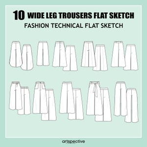Womens 10 pcs. Wide Leg Trousers Fashion Flat Sketch - Fashion Vector Sketch - Technical Fashion Sketch - Womenswear Trousers Sketch