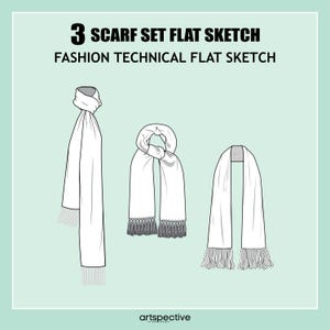 May include: Three different styles of white scarves with fringe detailing. The scarves are shown in a flat sketch format, with the text "3 Scarf Set Flat Sketch" and "Fashion Technical Flat Sketch" above the images.