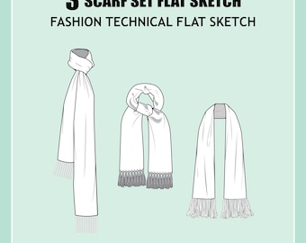 Accessory- 3 pcs. Unisex Scarf Set, vector CAD, technical drawing, digital download, fashion flat sketch for Adobe Illustrator